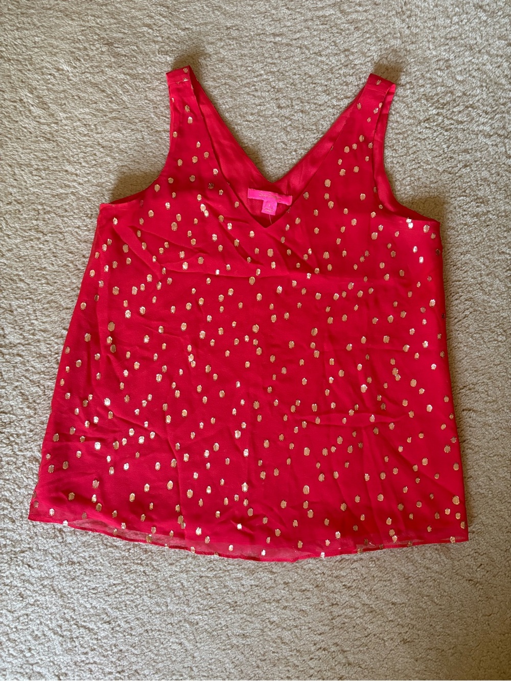 Lilly Pulitzer Red V-Neck Sleeveless Top with Gold Metallic Dot Accents, size s